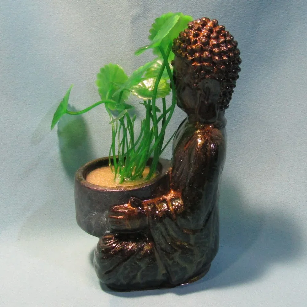 Aquarium Decoration - Green and Gold Buddha with Artificial Plant